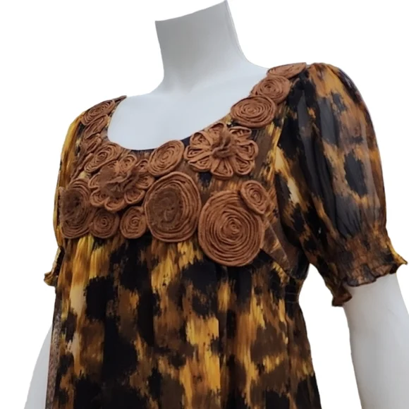 VINTAGE ECI Babydoll Tunic Top Mini Dress 10 L Appliques Rosette Ruffles Y2K - Picture 7 of 16